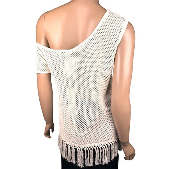 Edun size M Ecru Melange Tech Mesh One Shoulder Tank Top Open Weave Cotton/Nylon - Picture 3 of 6